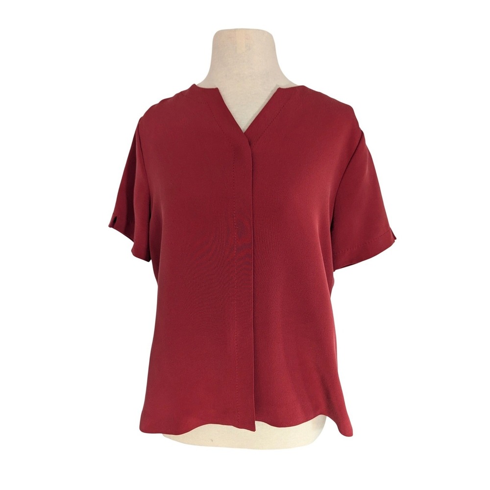 Talbots 100% Silk Blouse Womens Red Hidden Button Short Sleeve Minimalist Top 8
